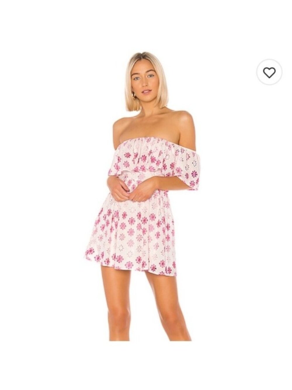 Lovers + Friends 70s Print Off The Shoulder Eyelet Mini Dress White & Pink Small